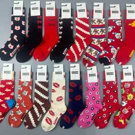 happ新年款女中筒袜瑞典潮HS棉百搭四季袜子圣诞红袜子批发