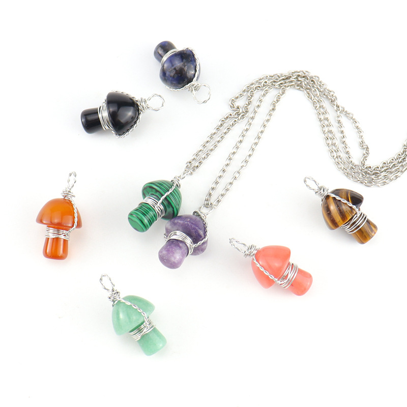 Retro Mushroom natural stone Copper Handmade Pendant Necklace 1 Piece