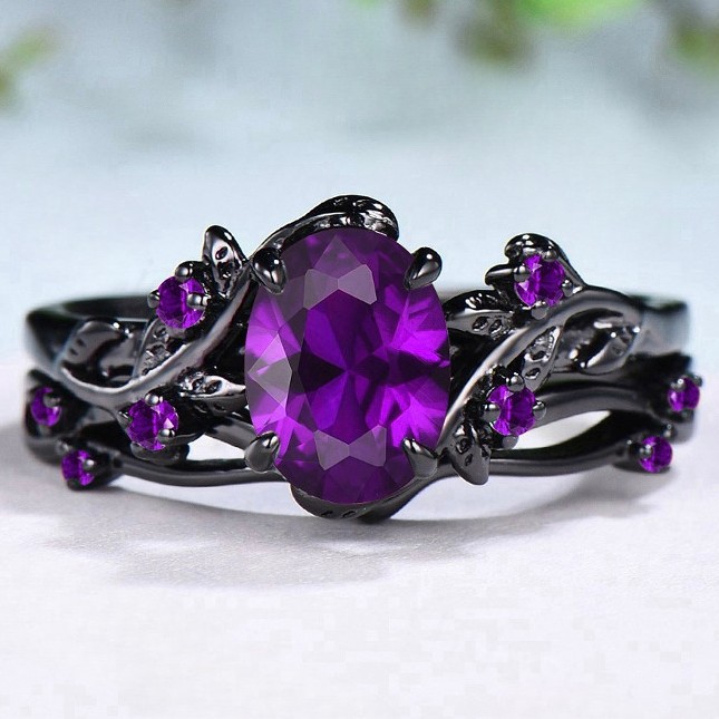 Sanjie cross-border Europe and the United States retro foreign trade hot selling purple gem ring gun black rose branches cross ring women