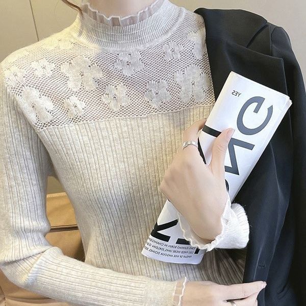 3 색 하프 하이 칼라 베이스 셔츠 가을 새로운 여성의 유행 모든 매치 긴팔 레이스 꽃 풀오버 스웨터