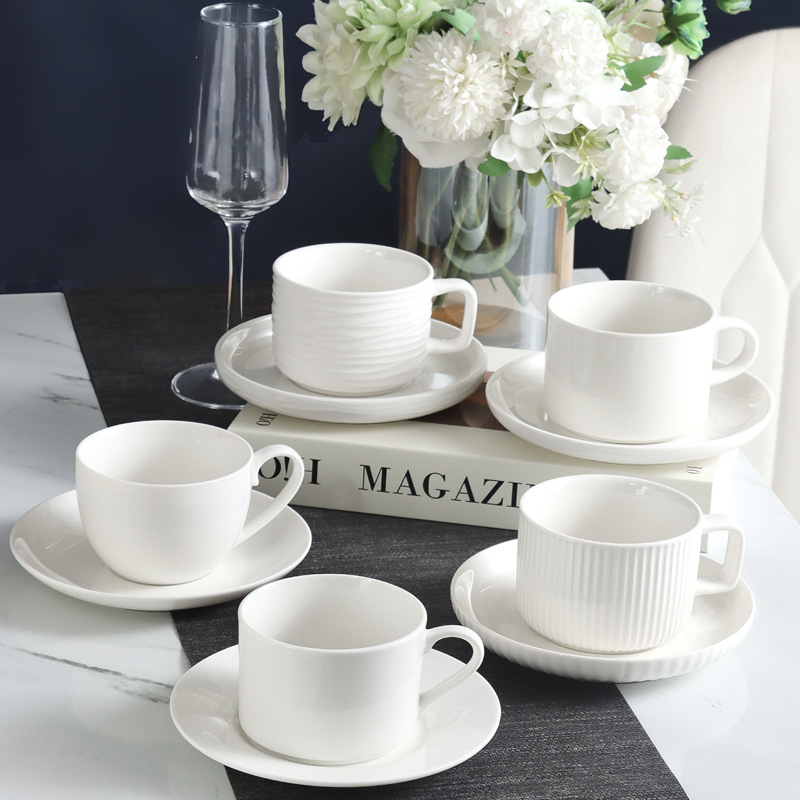Casual Pure White Ceramic Coffee Cup and Saucer Set Household Water Cup Commercial Hotel Ceramic Cup Afternoon Tea Breakfast Cup