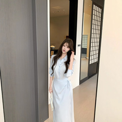 设计感假两件蓝色衬衫连衣裙女装春秋季小众设计显瘦气质POLO长裙