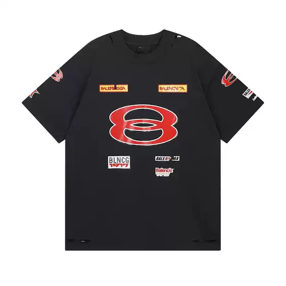 Paris Summer B Double Ring King SPONSORLOGOS Print Cut Wear Old Loose Large Short Sleeve T-shirt