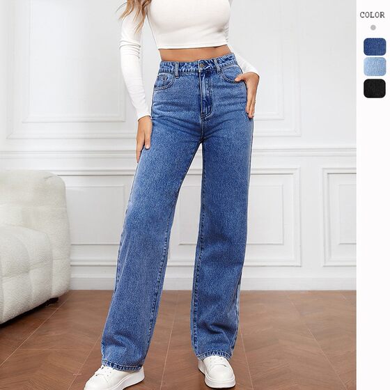 2024 New European and American Cross-border Amazon Explosions Washed Denim Fashion Straight Pants Jeans Women's Pants Wholesale