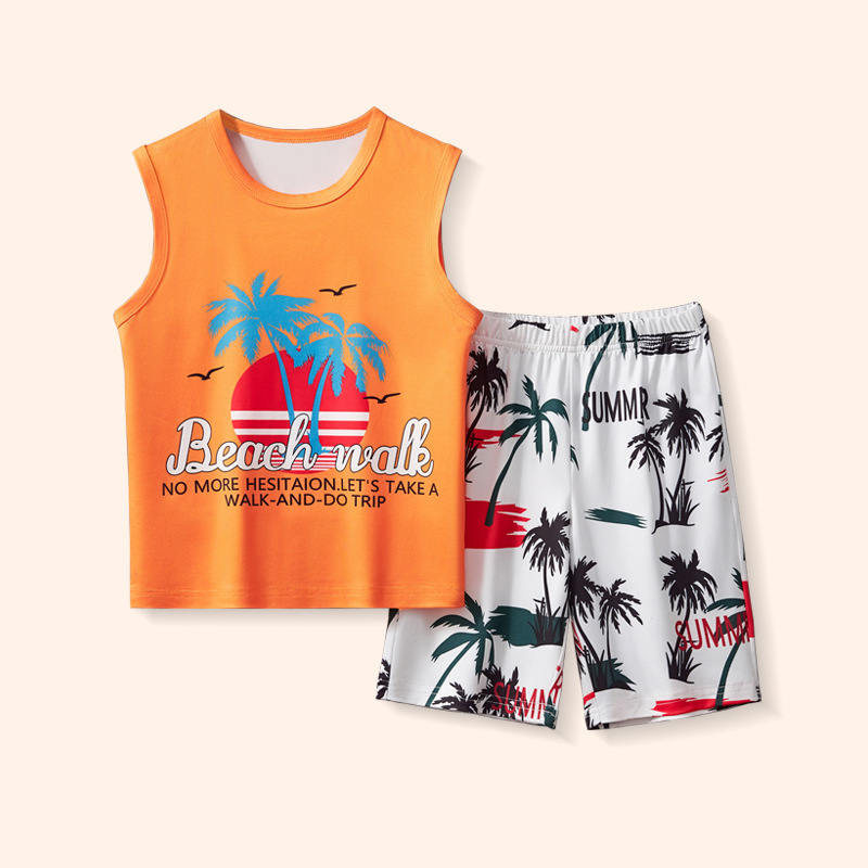 2025 verano nuevo estilo niños dibujos animados casual moda pantalones cortos sin mangas traje estampado de dos piezas para niños