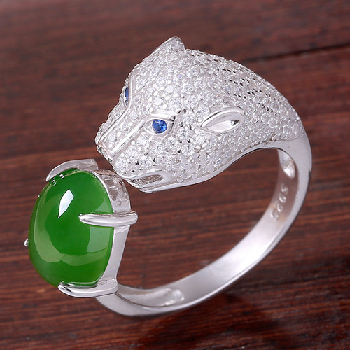 Full diamond temperament, gentle and soft green jade leopard head ring, open inlaid jade domineering leopard head ring, jade ring for women
