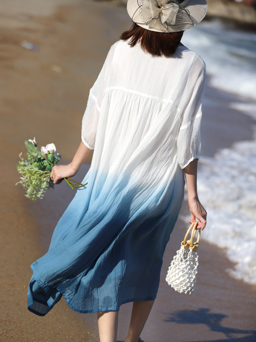 2024 Summer Loose Plus-Size Robe, Chinese Style Gradient Lightweight Ramie Zen Tea Dress, Double-Layered Large Hem Skirt_ecoleips.com