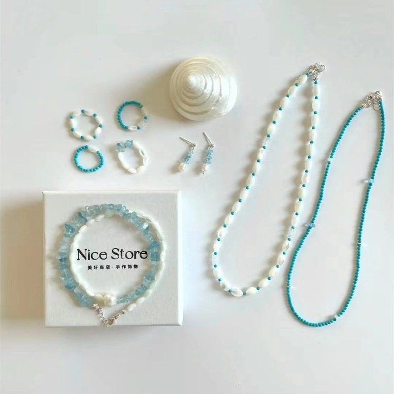 [Blue Iceland series] small cold feeling Iceland blue beaded necklace suit gentle Joker temperament jewelry