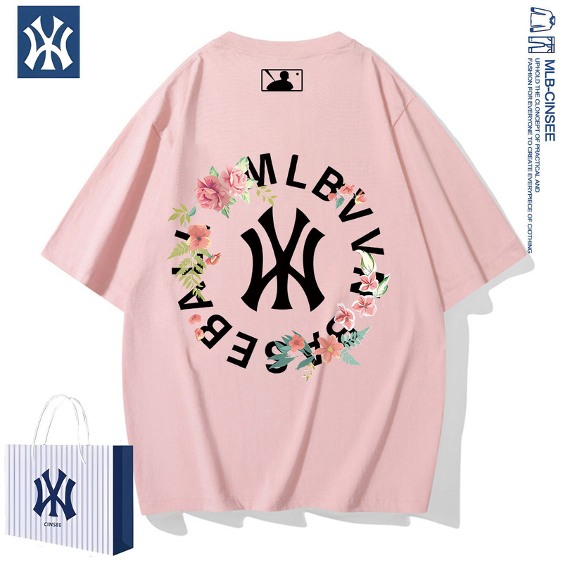 Mlb & ny2025夏の重ポンド純綿カップルのショートファッション百合tシャツ男性潮牌軽豪華半袖上着|undefined