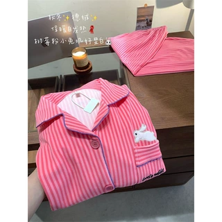 甜美粉色条纹德绒睡衣女秋冬季保暖宽松舒适大码家居服套装可外穿