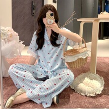 冰丝睡衣女春秋季条纹爱心蕾丝宽松家居服套装可外穿春秋季可外穿
