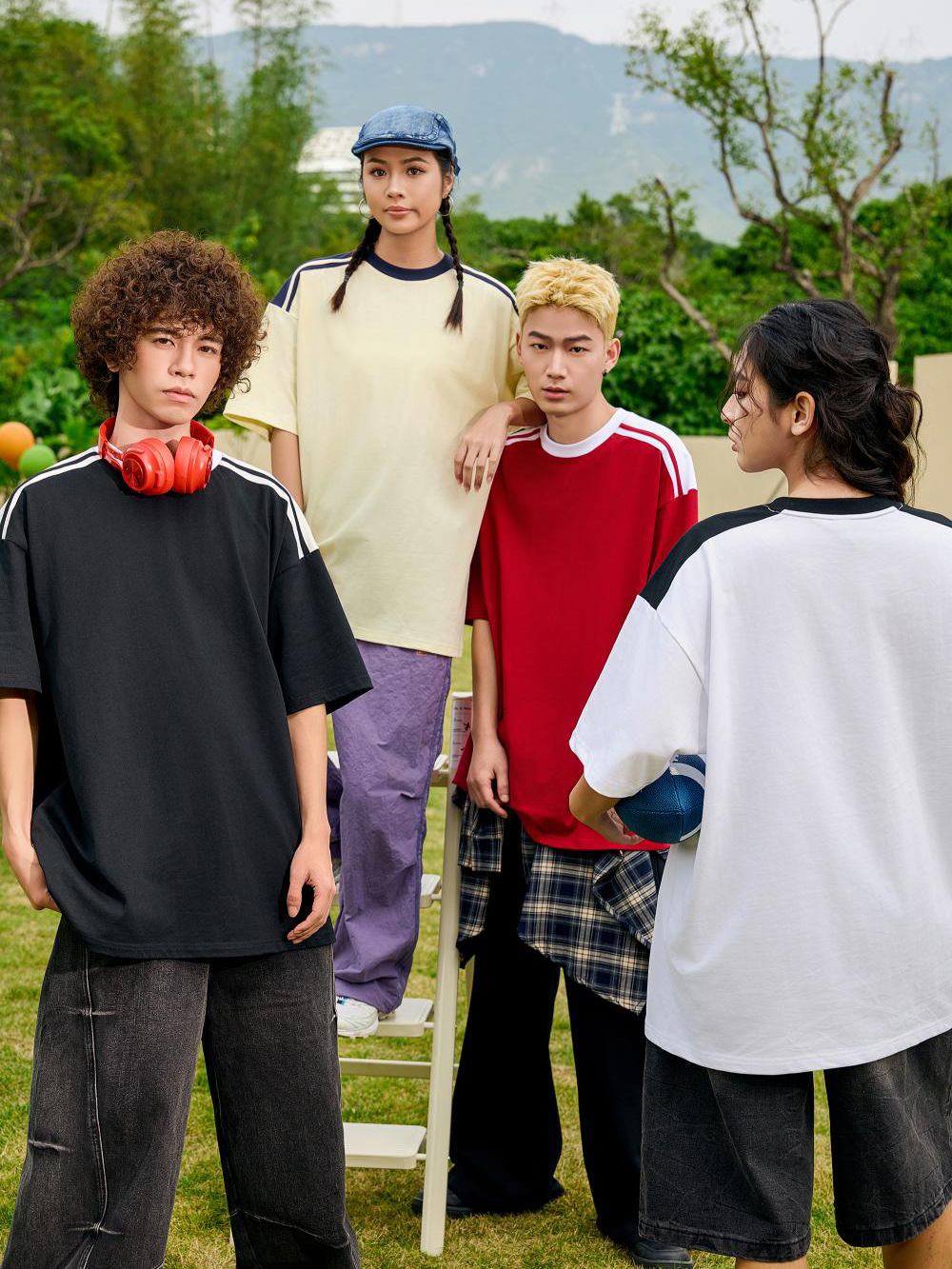 240g de algodón pesado suelto de hombro de color combinado de manga corta de moda masculina y femenina de media manga ropa de verano impresa logotipo