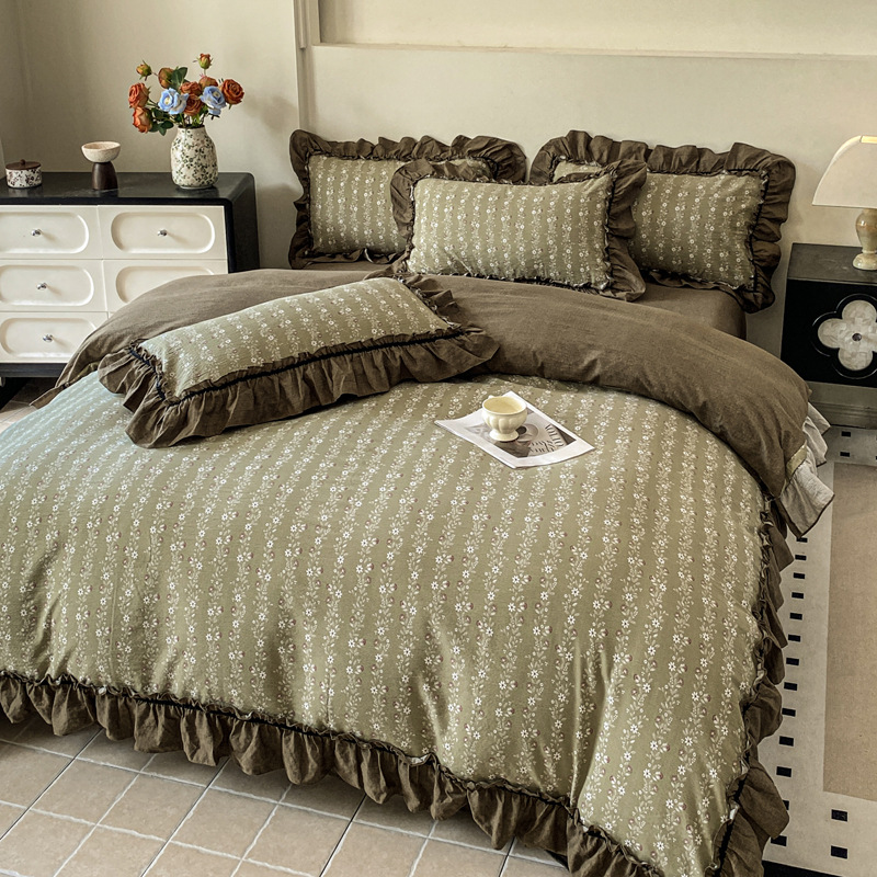 Conjunto de cama de quatro peças em estilo nórdico francês vintage boho com estampa floral francesa, linho lavado vintage com acabamento em renda, inclui capa de edredom e lençol de baixo com elástico._voghion.com