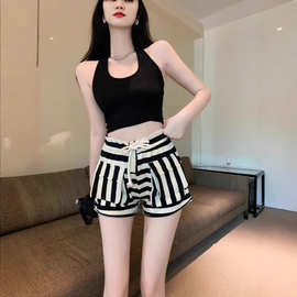 高腰条纹短裤女夏季松紧腰宽松阔腿裤外穿显瘦运动A字辣妹热裤子