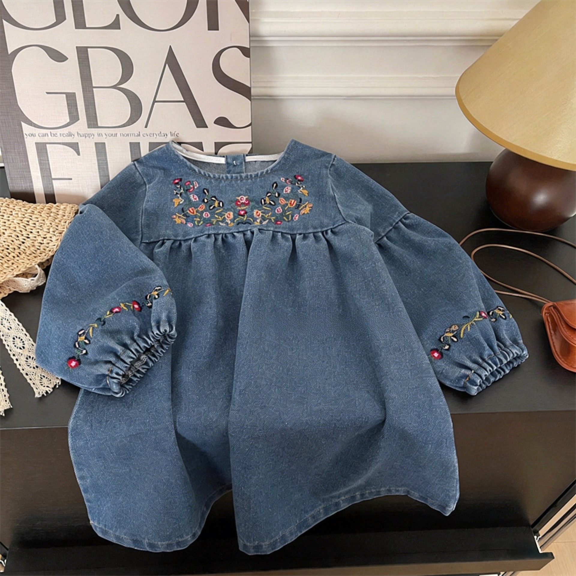 Children's Spring and Autumn Clothing New Products 2026 Girls' Soft Denim Embroidered Dress Long-Sleeved Skirt Korean Style