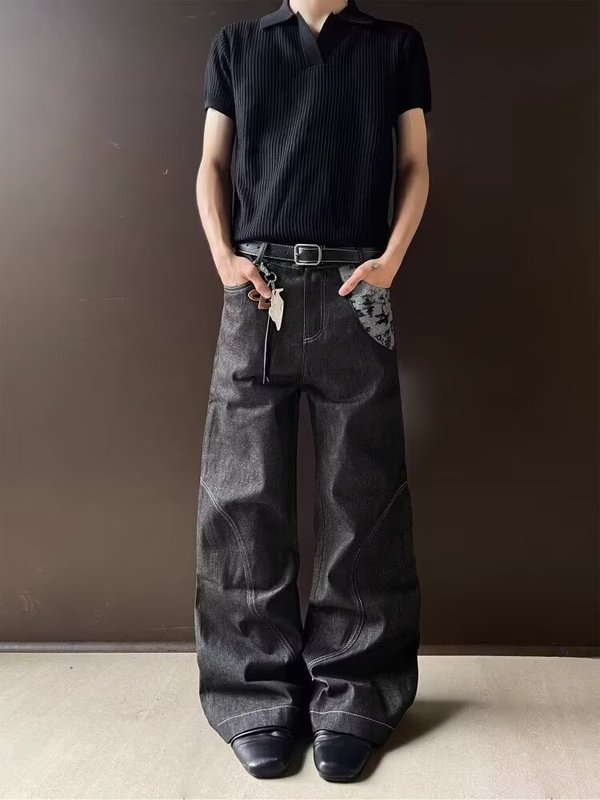 2025夏季原色牛仔裤男美式cleanfit复古拼接提花解构宽松阔腿长裤|undefined
