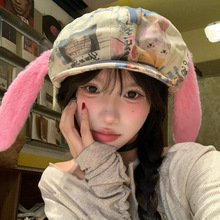 批发25年秋冬新款毛绒耳朵涂鸦八角帽女大头围显脸小报童帽