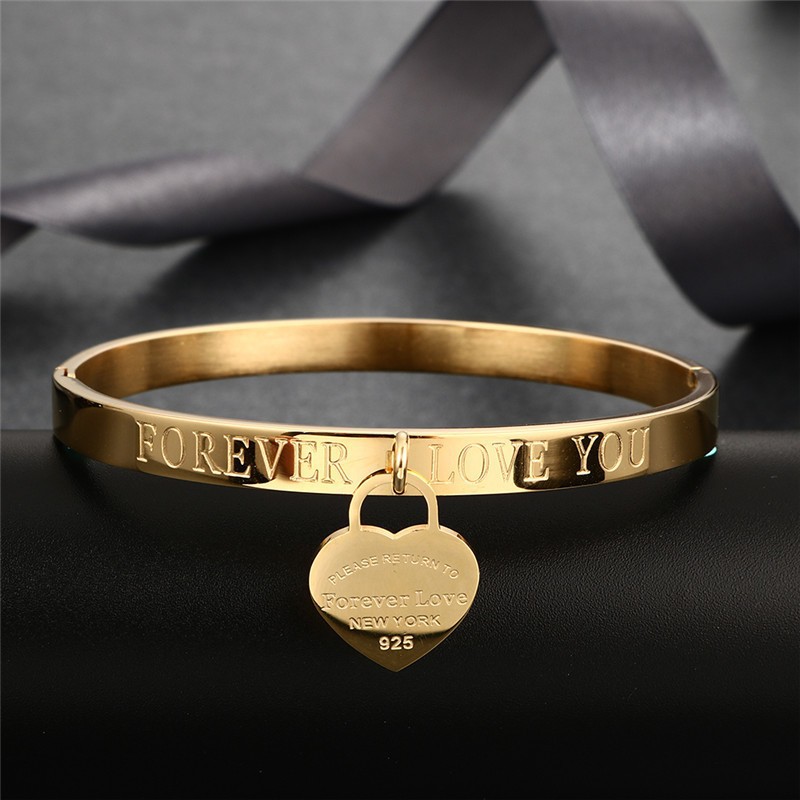 Pulsera de acero inoxidable de comercio exterior exquisita Forever love melocotón corazón colgante mujer pulsera de acero de titanio joyería de oro rosa