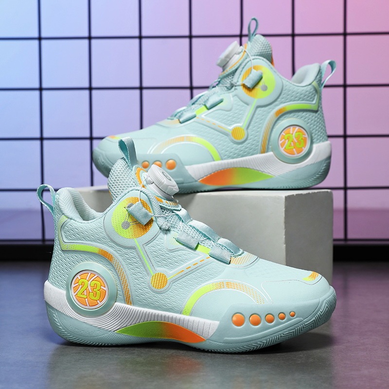Rotating Buckle Basketball Shoes New Children's Summer and Autumn Basketball Training Shoes for Middle and Large Children Floor-Wiping Sound Non-Slip Basketball Shoes
