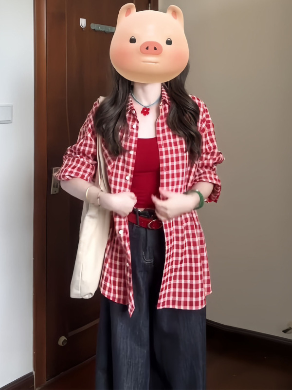 早秋季韩系红色格子防晒长袖衬衫衬衣女2025新款多巴胺绝美上衣|undefined