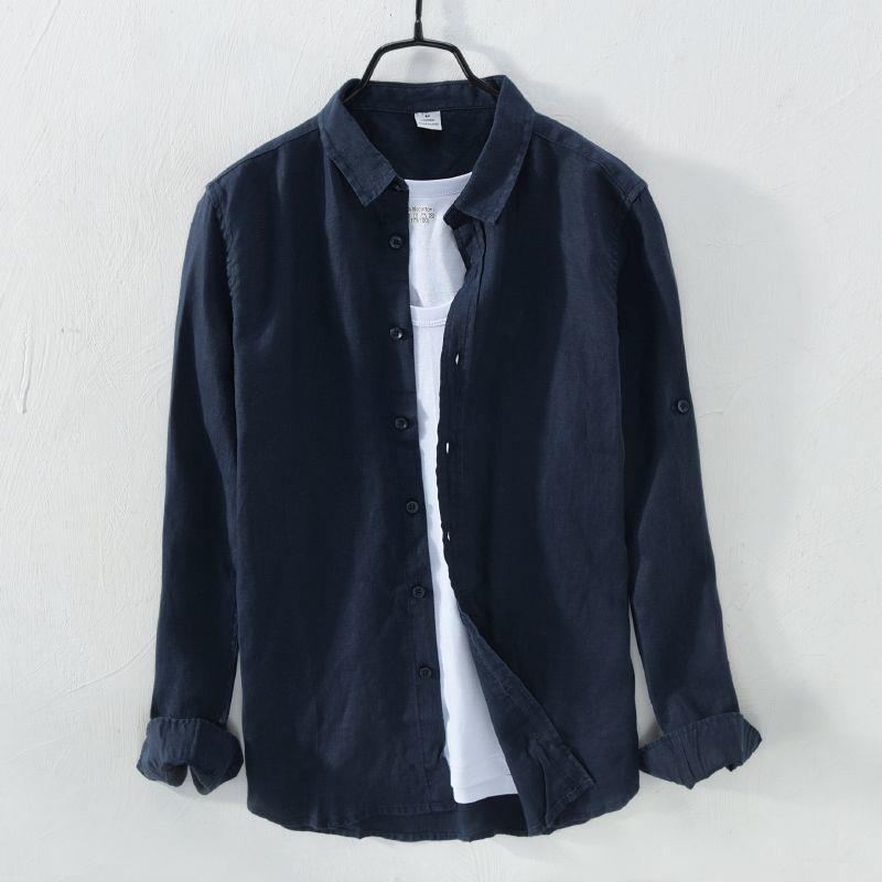 Camisa de lino de manga larga blanca transpirable en la playa Camisa de lino de algodón y lino delgada delgada informal para hombre