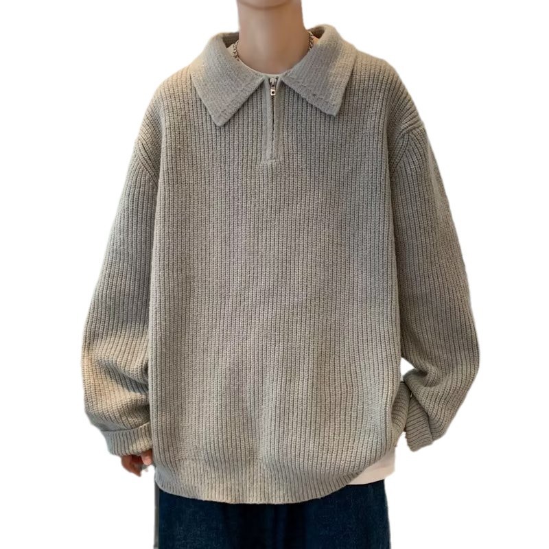 Semia cremallera suéter de polo masculino primavera japonés relajado retro alta sensación de tendencia suelta camiseta de punto