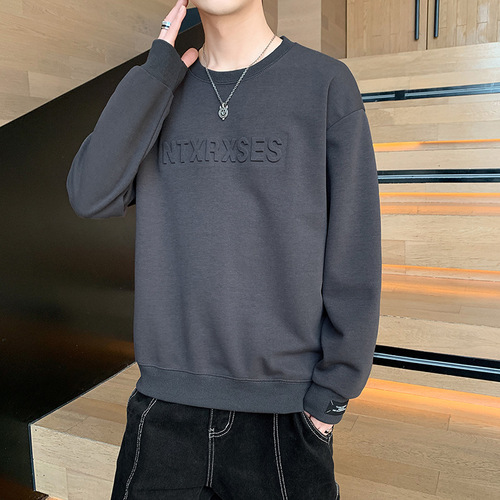 Men's hooded spring and autumn 2024 new round collar base shirt top fashion brand all-matching casual long-sleeved t-shirt