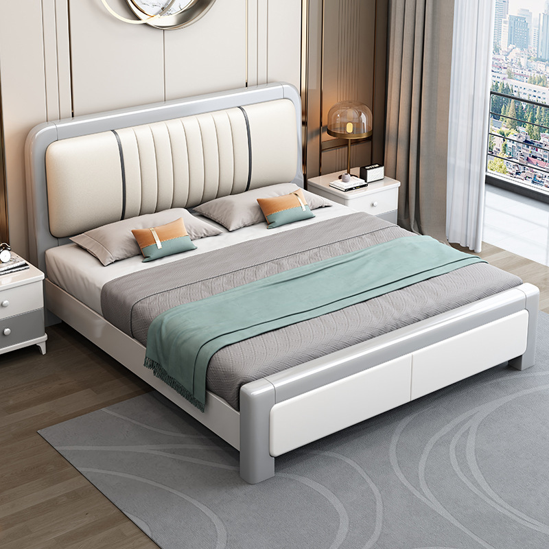 White Solid Wood Bed Modern Minimalist 1.8m Double Bed Master Bedroom Soft Backrest Light Luxury Bed Home 1.5m Storage Bed