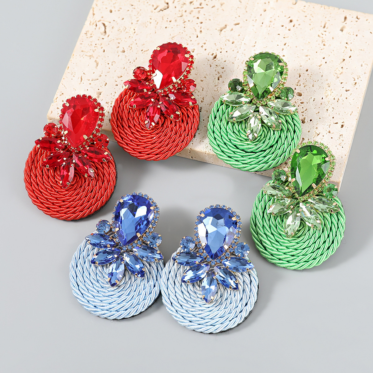 30g Weight Iron Ear Needle Material Rhinestones, Glass Inlay Material Ear Studs Classification 1 Pair Quantity Holiday, Party Occasion Polyester, Glass Material Color Block Pattern Unisex Gender Braid Design Ethnic Style, Shiny Style 1 Pair Ethnic Style Shiny Color Block Braid Polyester Glass Rhinestones Glass Ear Studs 14