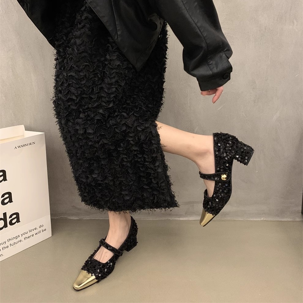 Chanel estilo tacones altos primavera y otoño tacón grueso noche lentejuelas zapatos de una sola capa zapatos de mujer estilo francés vestido negro Mary Jane zapatos