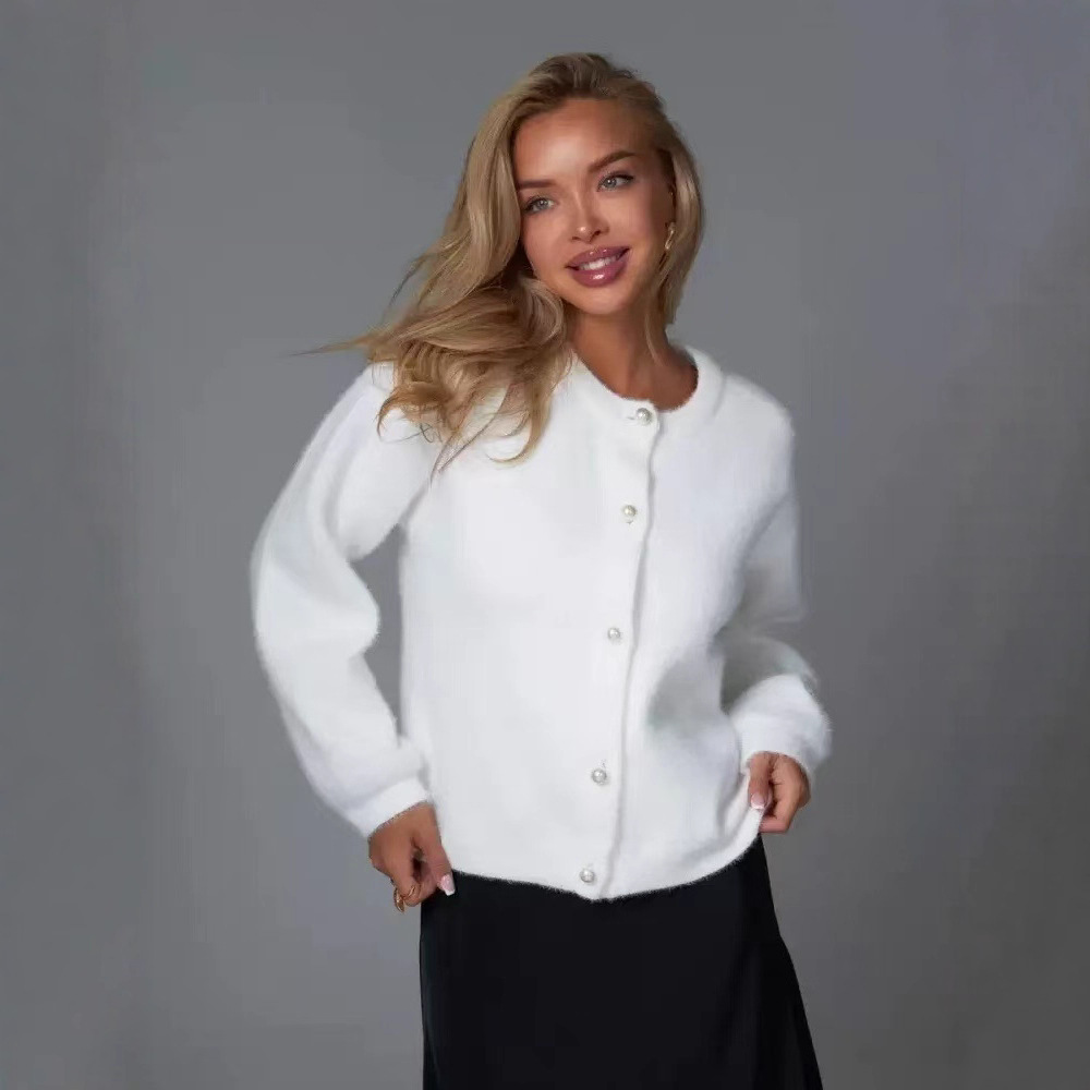 Cross-Border White Imitation Mink Velvet Short Cardigan Sweater for Women Autumn and Winter New Soft and Versatile Loose Lazy Style Knitted Jacket