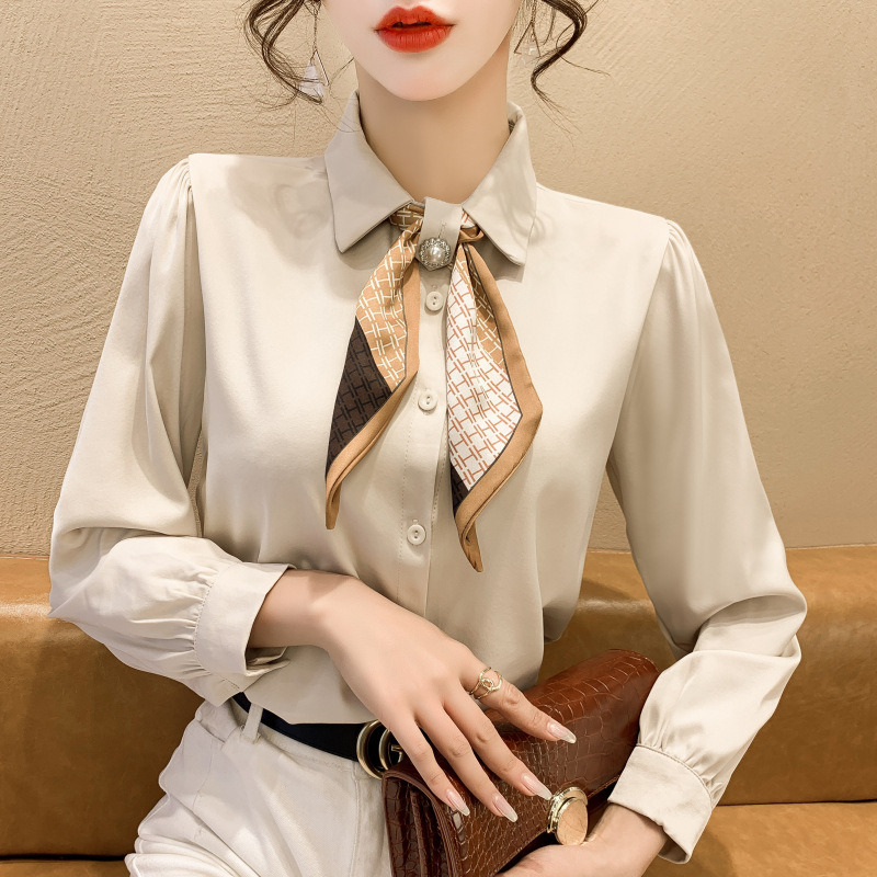 Real shot spot spring new tie western style women's bow chiffon shirt long sleeve shirt women's top professional