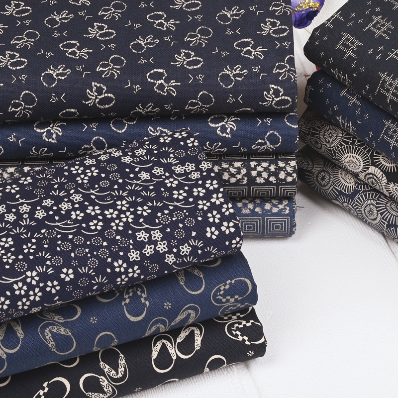 台湾厚棉布仿棉麻蓝调复古藏青色印花手工DIY包包桌布面料全棉