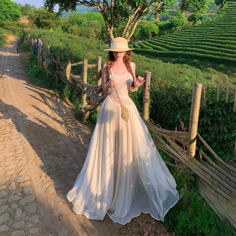 Stunning patchwork backless lace strap dress, summer pure desire vacation elegant fairy-like slimming long dress for women