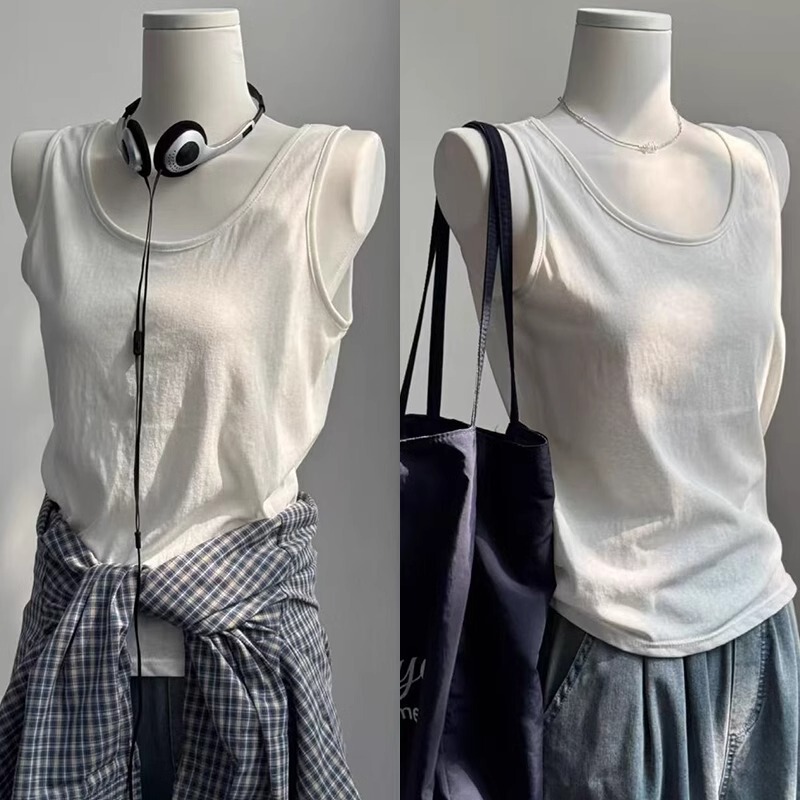 White V-Neck T-Shirt Women's Summer Lightweight Loose Slim Sports Vest American Style Relaxed Lazy Style Sleeveless Long Top