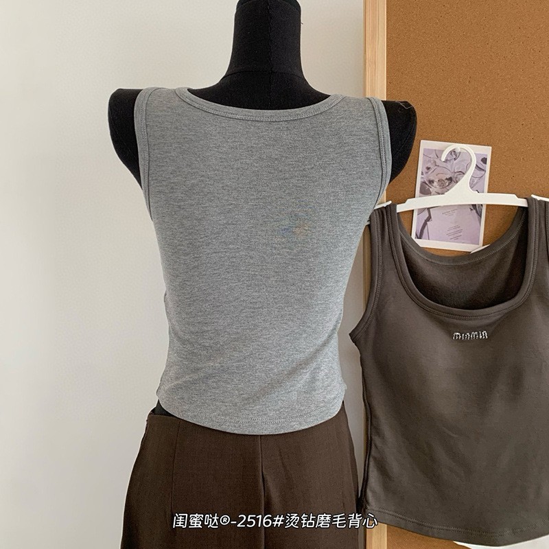 闺蜜哒2516#烫钻磨毛背心女士带胸垫秋冬方领纯色打底衫跨境|undefined