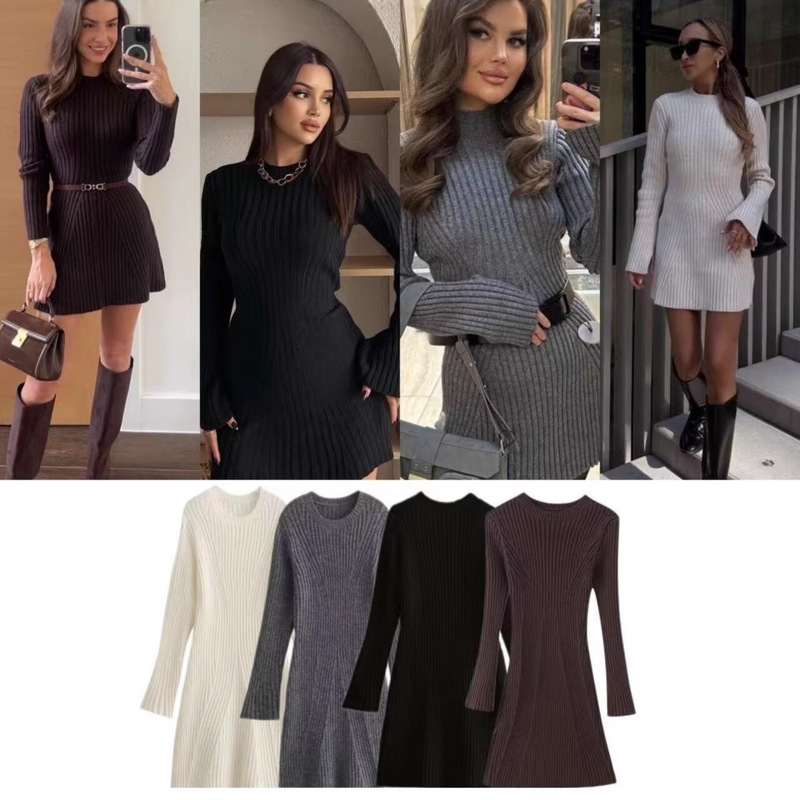 Za Cross-Border Export Spot European and American Style Autumn and Winter Women's Hip-Hugging Tight Half-High Collar Long-Sleeved Knitted Sweater Skirt