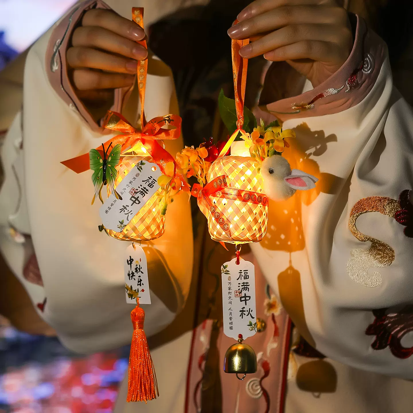 中秋节竹编小灯笼挂饰手工diy材料包 幼儿园儿童手提古风兔子花灯