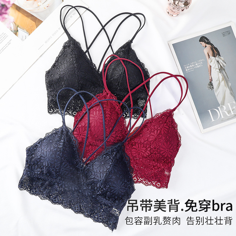 Sexy encaje elástico correa cruzada ropa interior agradable a la piel delicada transpirable interior cómodo pecho envuelto belleza sujetador trasero image 3