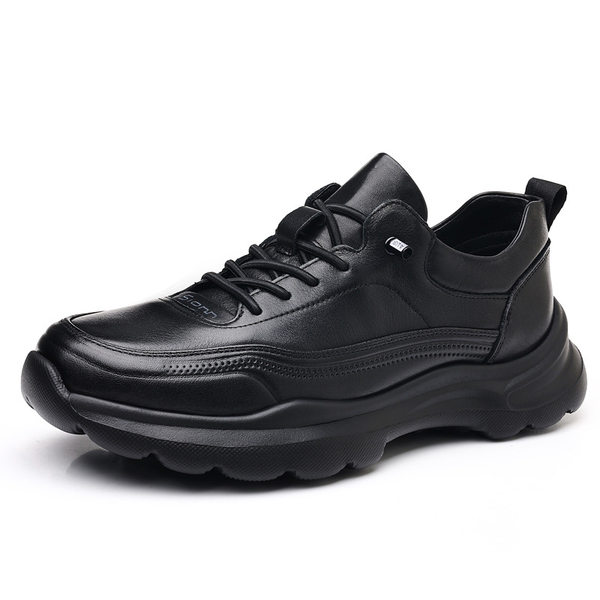 Giày sneaker nam da bò lớp đầu, đế xốp nhẹ, gót 3,5 cm — màu đen