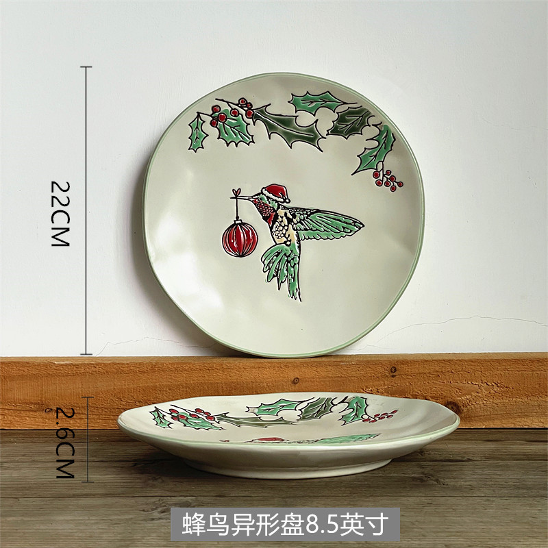 ヨーロッパ式円形大皿陶磁器手描き釉薬下果物クリエイティブケーキ皿家庭用料理皿円形ステーキ皿皿皿|undefined