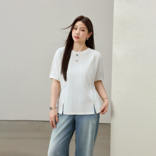 [Ice Oxygen Beam Shadow T] Pleated Design Crewneck Short-sleeved T-shirt Slim Show plus size Women's Fat mm2025 Summer New