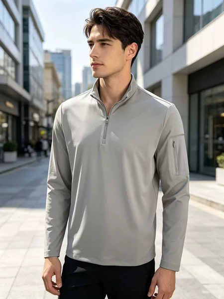 The same model as the Kojia counter, outdoor casual clothing, moisture-wicking, men's elastic half-zip long-sleeve T-shirt with zipper