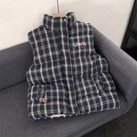 美式格纹无袖马甲棉服宽松秋冬新款男复古叠穿外套上衣潮一件代发
