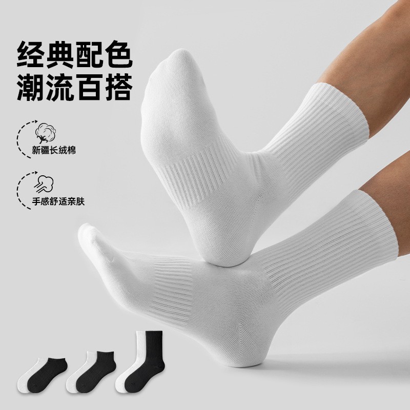 Men's Socks Autumn and Winter Thin Mid-Length Pure Color Cotton White Towel Bottom Simple Long Tube Sports Boys Socks Black