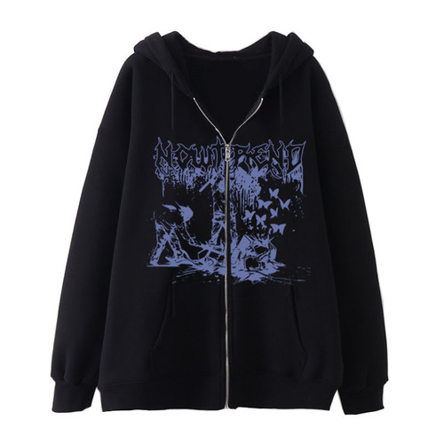 Trendy New Arrival Gothic-Style Zip-Up Sweatshirt | European & American Streetwear Oversized Hoodie | Casual Outerwear