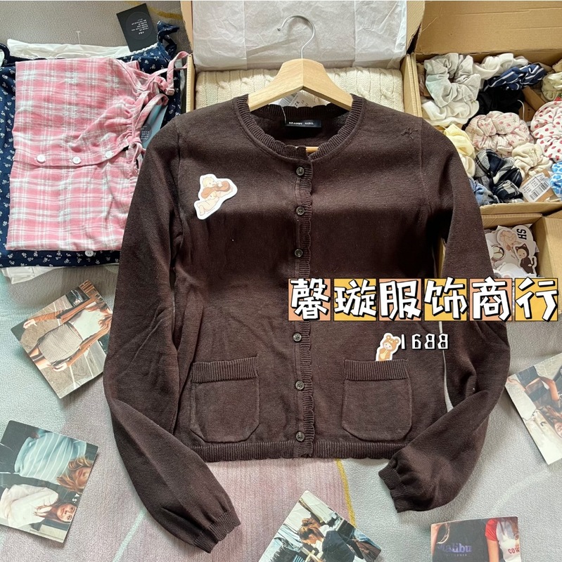BM风  棕色花边领长袖针织开衫女秋季bm宽松显瘦毛衣外套上衣|undefined