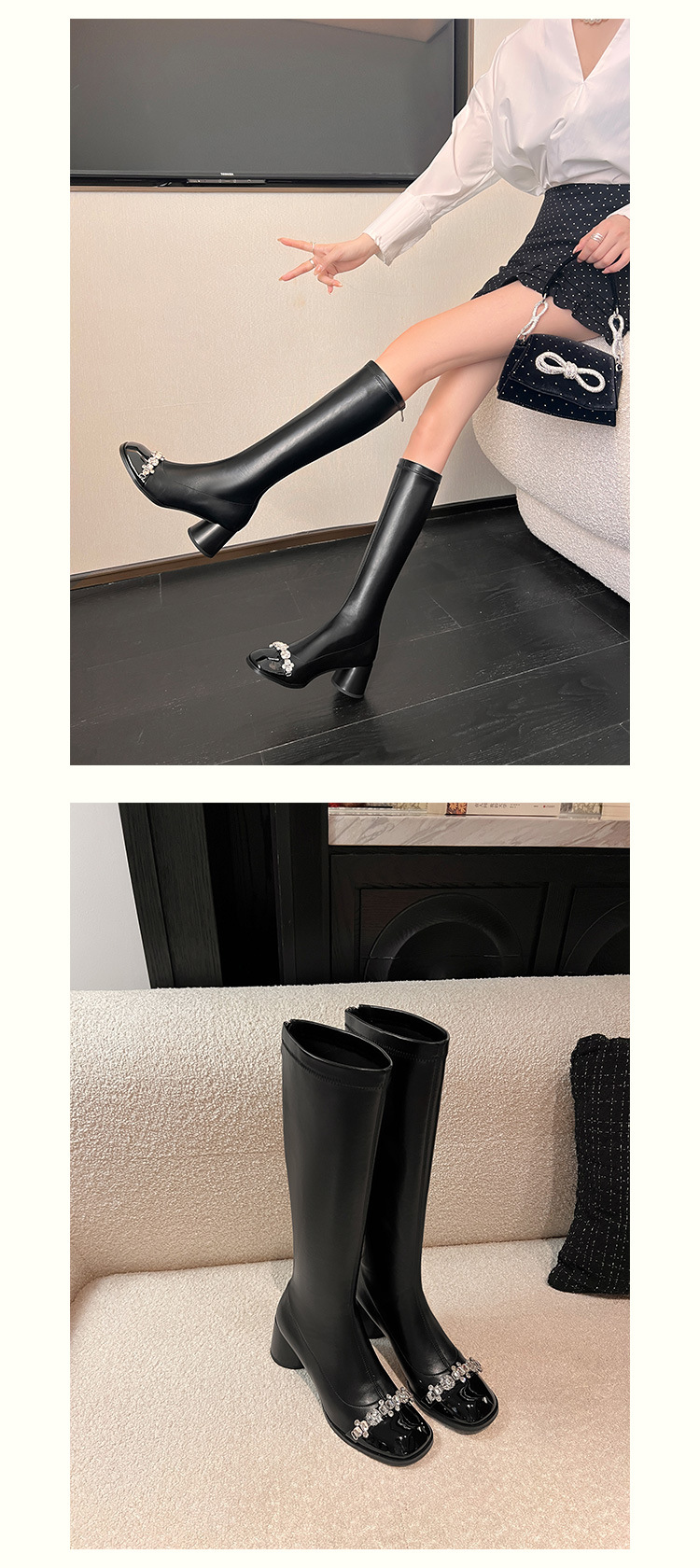 Boot nữ cổ cao ôm bắp chân phong cách vải tuýt, gót thô 5 cm, đế dày, mũi tròn — nhung đen, Lớp lót đơn màu trắng nhạt, Lớp lót đơn màu đen, Lớp lót nhung màu trắng nhạt chi tiết 10