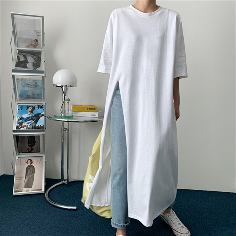 Cross-border Summer Loose Large Size Round Neck T-shirt Women's Mid-length Side Split Base Shirt bf Style Casual All-match Top Cross-border Summer Loose Large Size Round Neck T-shirt Women's Mid-length Side Split Base Shirt bf Style Casual All-match Top