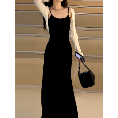 Black Strap Dress for Girls and Boys - Summer 2025 New Arrival - Spicy and Stylish - French Chic - Fitted Waist and Hip-Hugging Long Dress